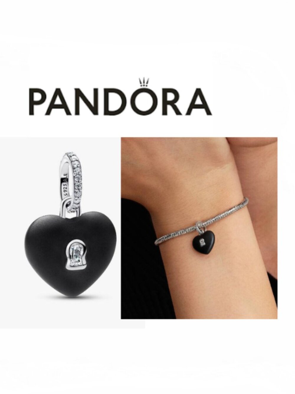 New Black Ceramic Heart Lock Pendant Charm for Pandora type Bracelet or Chain
